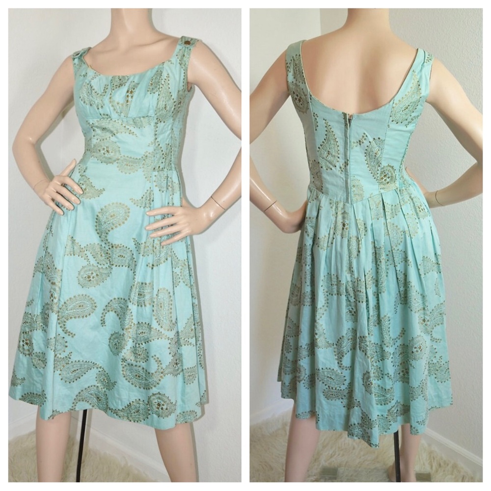 Vintage Alfred Shaheen Hawaiian Seafoam Gold Metallic Paisley Bombshell Dress - Picture 3 of 17